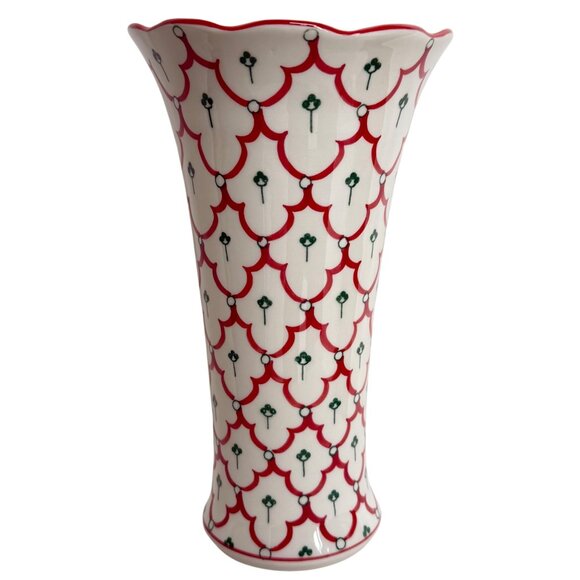 Andrea By Sadek 8" Ceramic Vase Red Green Blue Pattern Flared Scalloped Rim - Picture 1 of 8